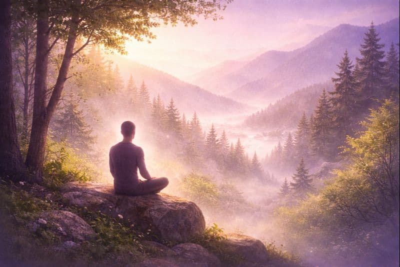 INFJ ensamhet och introvert energi - fridfull person vid morgonljuset i bergen för positiv ensamtid