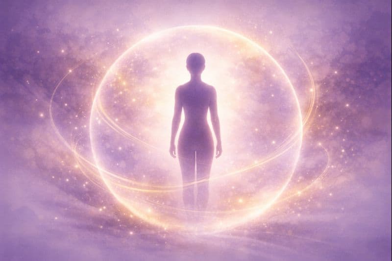 INFJ gränssättning och säga nej - glödande skyddsbubbla runt stillsam figur som skyddar sin energi